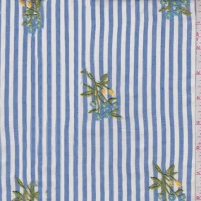 1 3/8 YD PC-Blue/White Stripe Embroidered Floral Rayon Challis Fabric