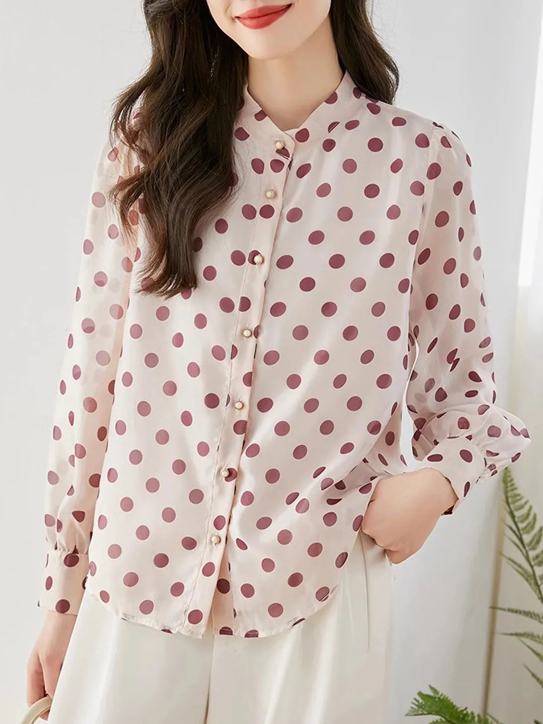 Alexis Retro Polka Dot Printed Chiffon Shirt-Pink