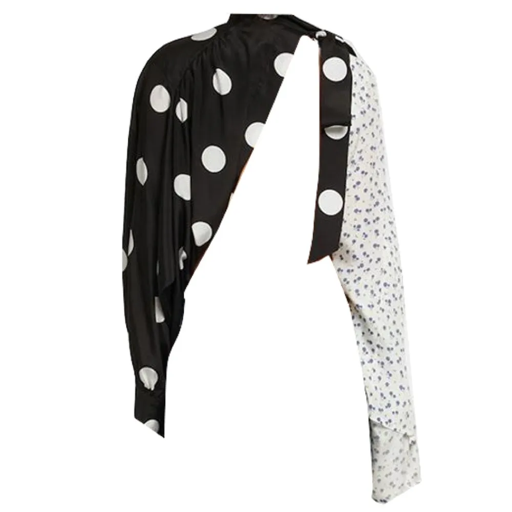 Balenciaga Black / White Multi Floral Polka Dot Printed Silk Blouse