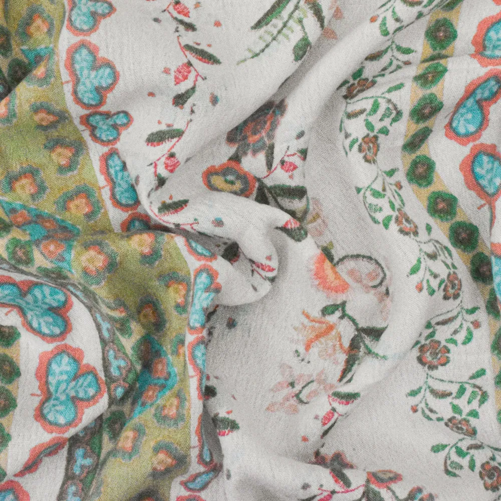 Basic White-Green-Multi Floral Printed Rayon Crepon Woven Fabric