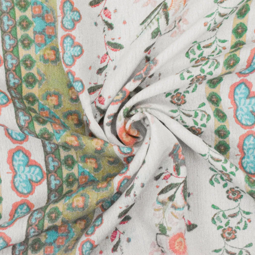 Basic White-Green-Multi Floral Printed Rayon Crepon Woven Fabric