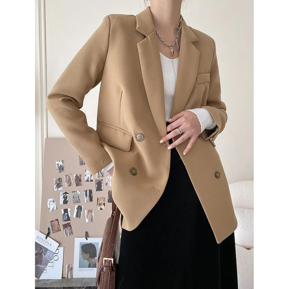 Beige Women's Blazer Formal Double Breasted Buttons Blazer High Quality