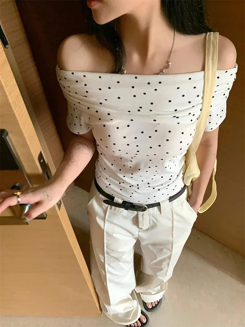 Benuynffy Polka Shoulder Off Crop Slim-fit Dot Top Blouse