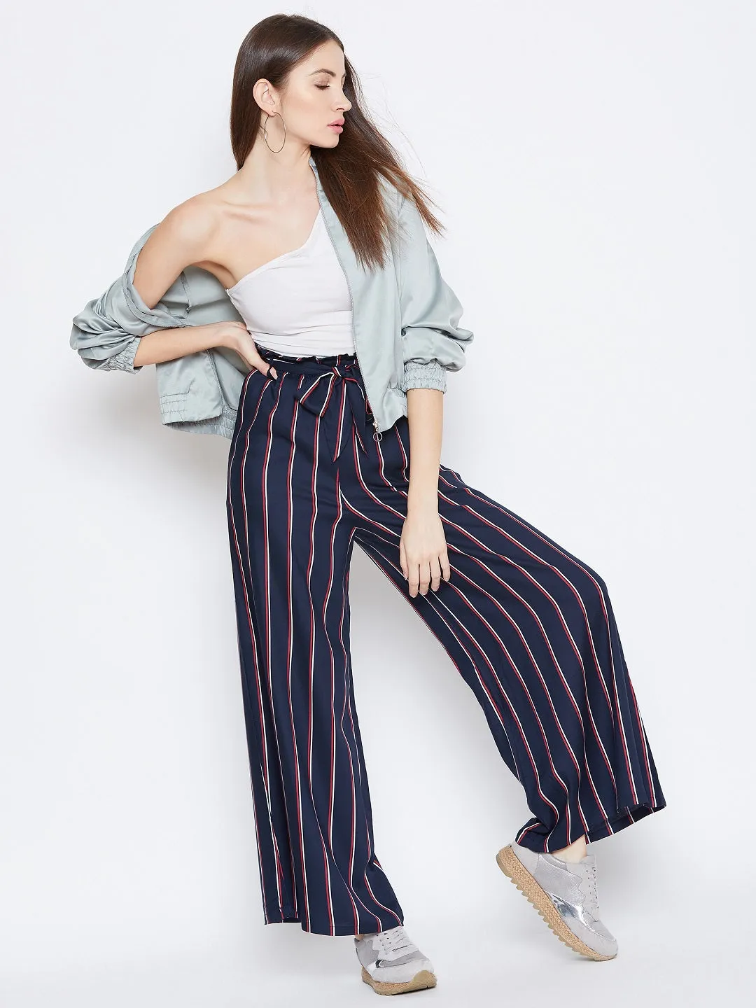 Berrylush Women Navy Blue & Red Striped Pattern Waist Tie-Up Mid-Rise Pleated Parallel Trousers