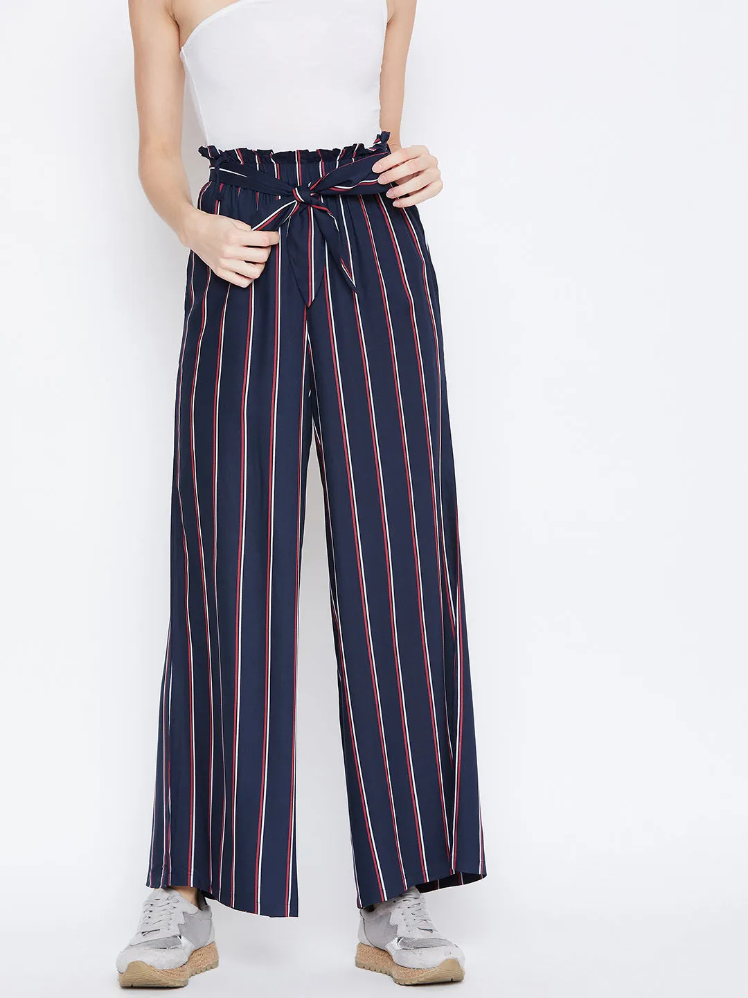 Berrylush Women Navy Blue & Red Striped Pattern Waist Tie-Up Mid-Rise Pleated Parallel Trousers