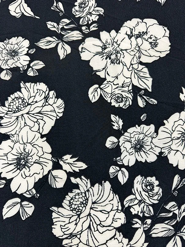 Black Floral Poly Crepe Shirting Fabric