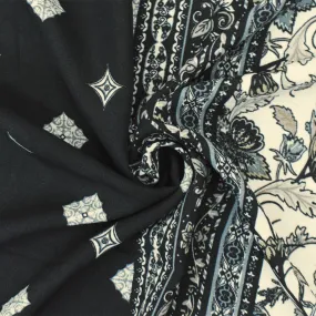 Black-Ivory-Multi Floral Border Printed Poly Georgette Woven Fabric