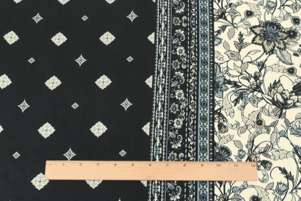 Black-Ivory-Multi Floral Border Printed Poly Georgette Woven Fabric