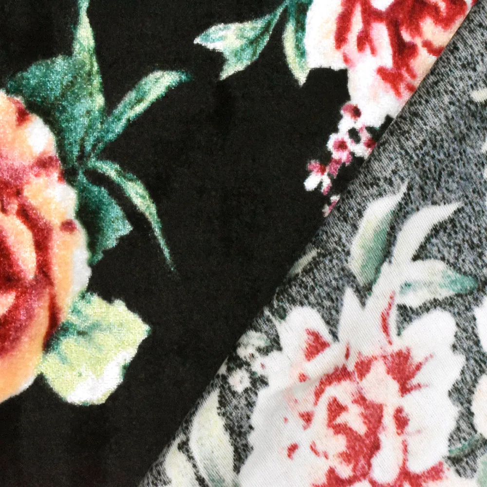 Black-Peach-Multi Floral Printed Velvet Knit Fabric