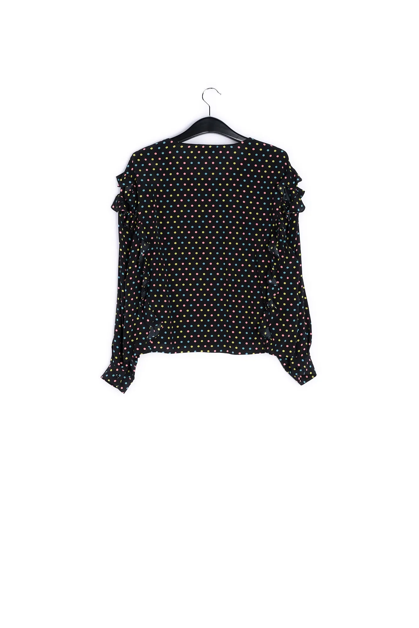 Black polka-dot top with ruffles