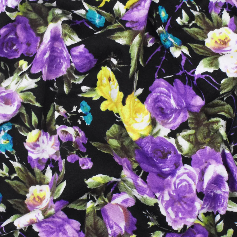 Black-Purple-Multi Floral Printed Stretch Cotton Spandex Jersey Knit Fabric