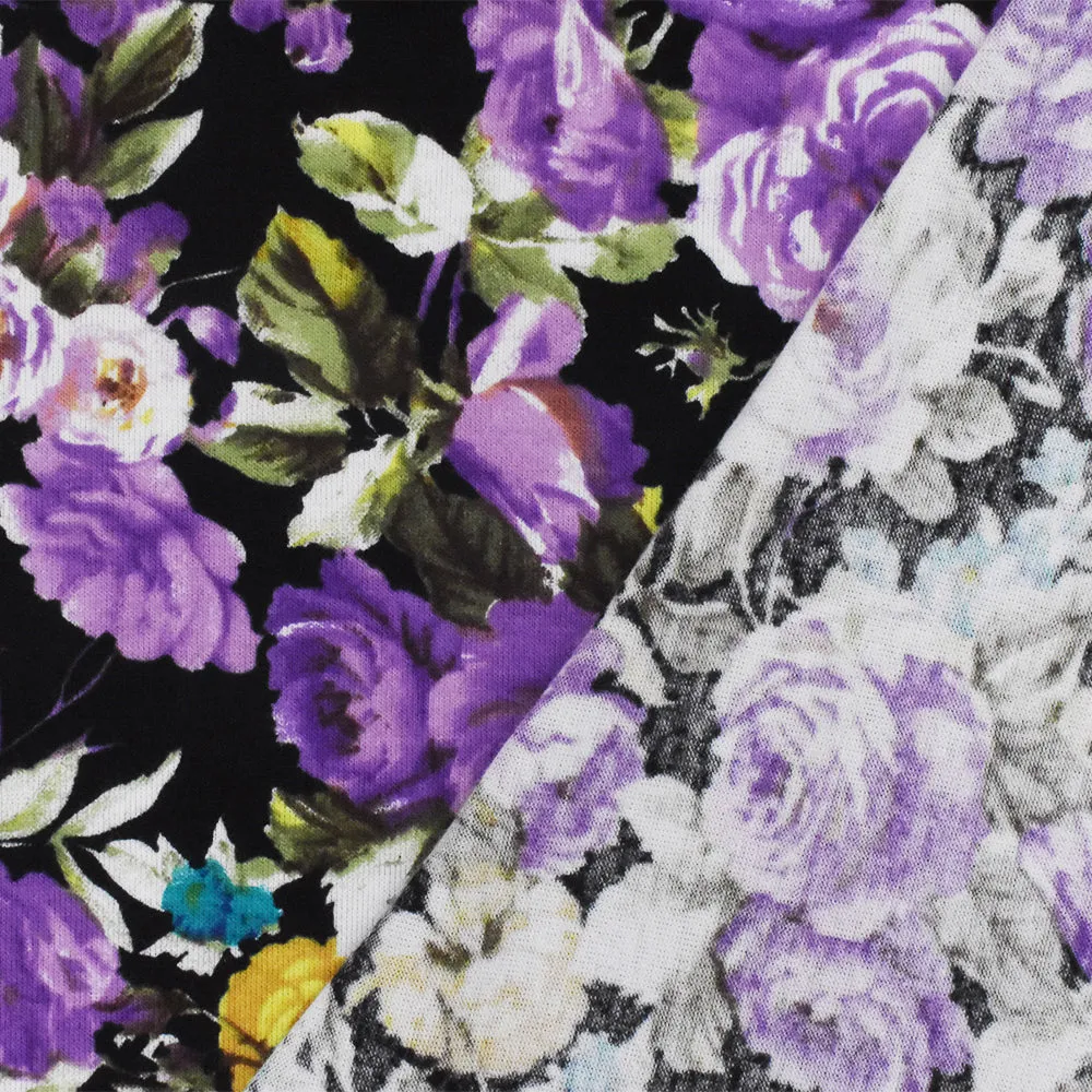 Black-Purple-Multi Floral Printed Stretch Cotton Spandex Jersey Knit Fabric