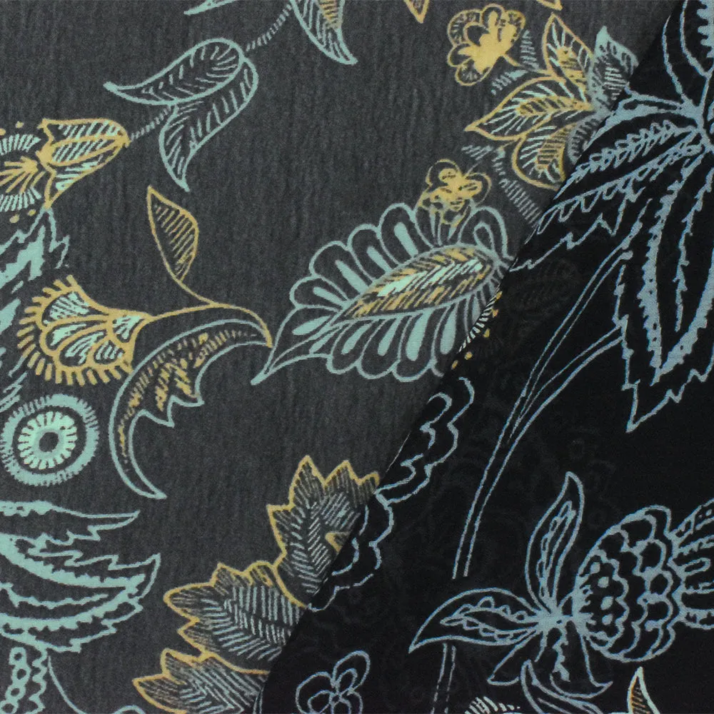 Black-Yellow-Blue Floral Printed Poly Chiffon Woven Fabric