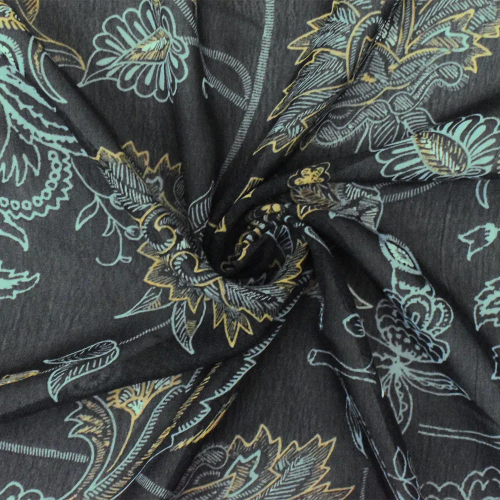 Black-Yellow-Blue Floral Printed Poly Chiffon Woven Fabric