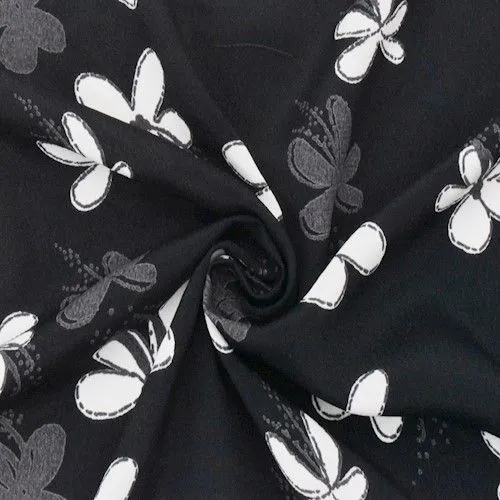 Black/White Floral Printed Crepe Faille Fabric