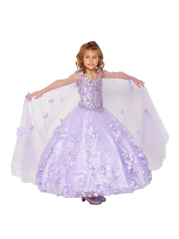 Bliss Big Girls Lilac 3D Stone Pearl Sweetheart Floral Cape Ball Gown 8-16