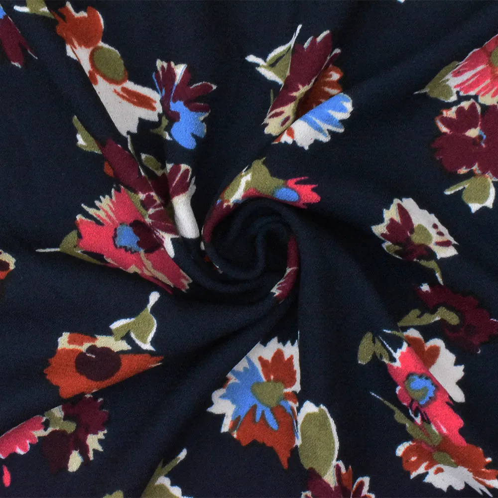 Blue-Red-Multi Floral Printed Poly Momie Woven Fabric