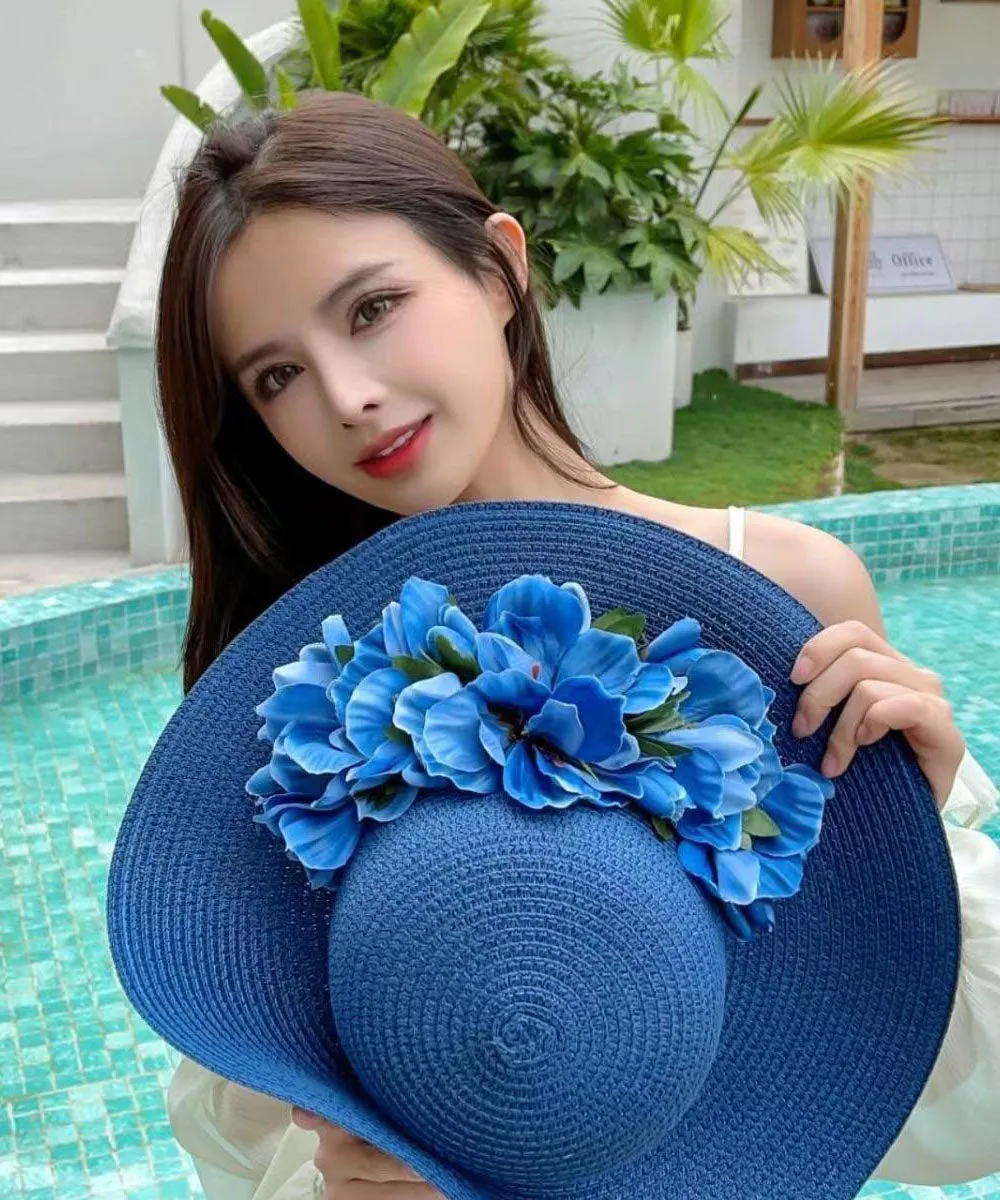 Boutique Blue Floral Straw Woven Holiday Sun Hat YU1004