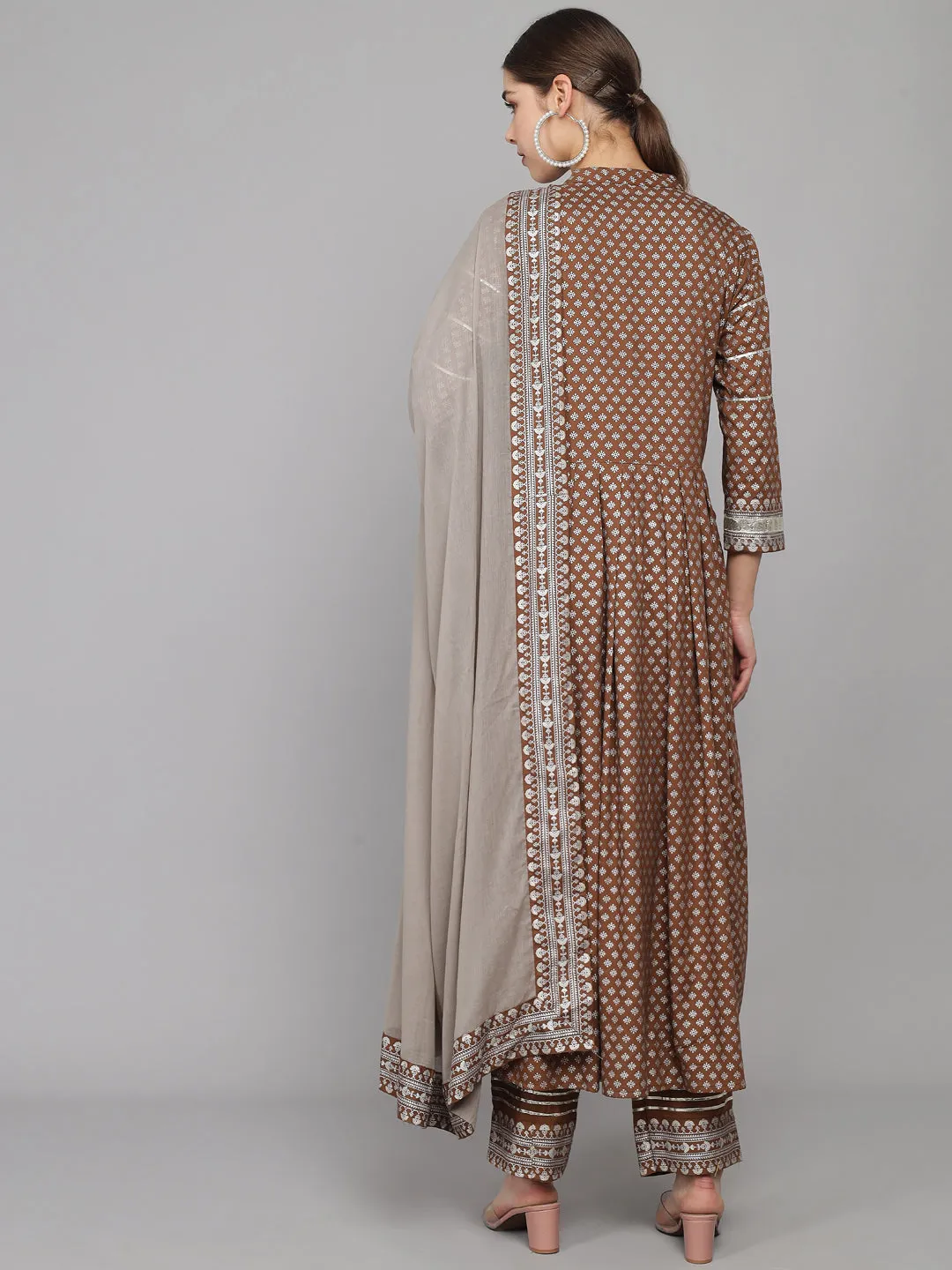 Brown Printed Pleated Kurta Set & Dupatta