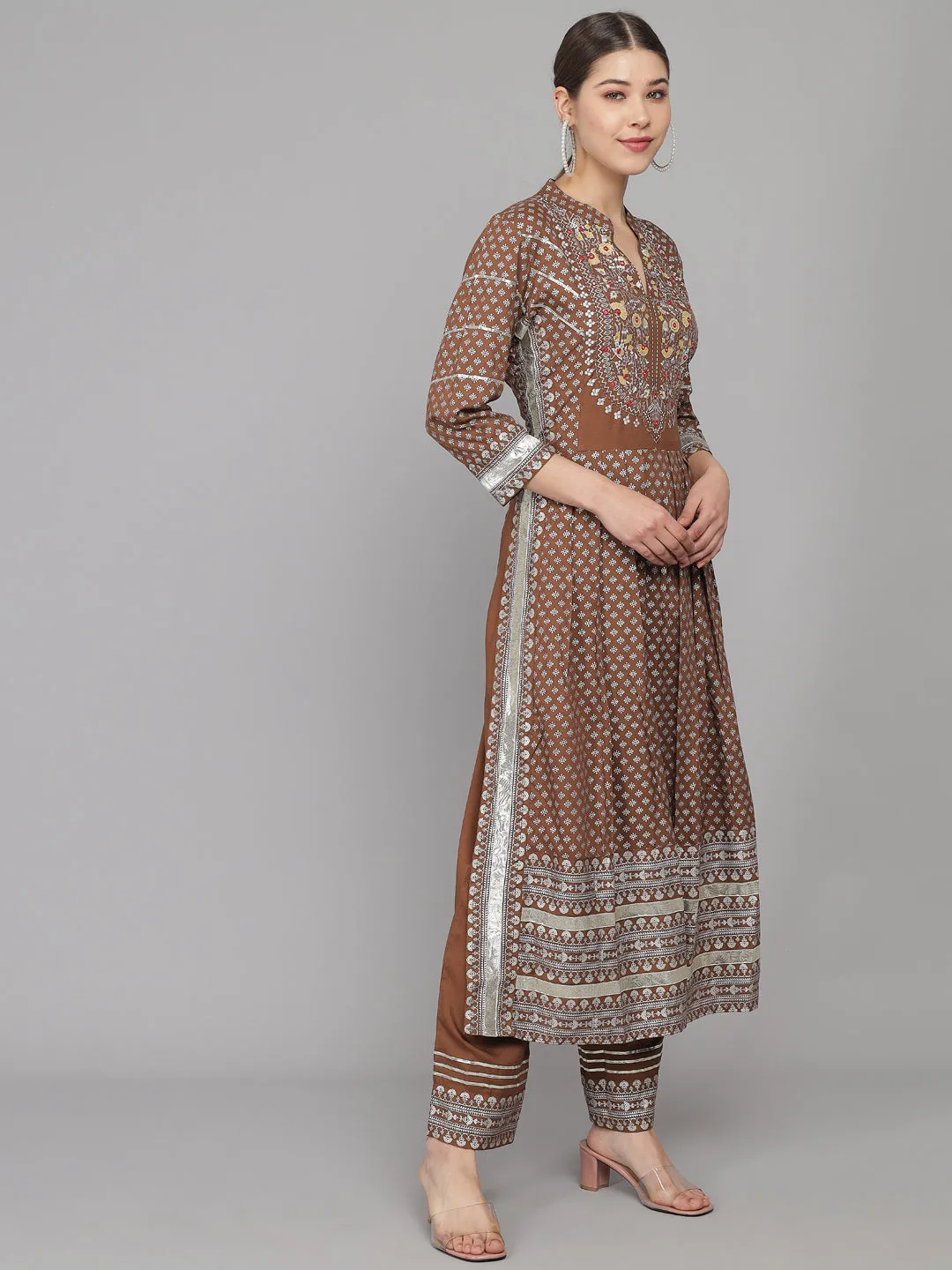 Brown Printed Pleated Kurta Set & Dupatta