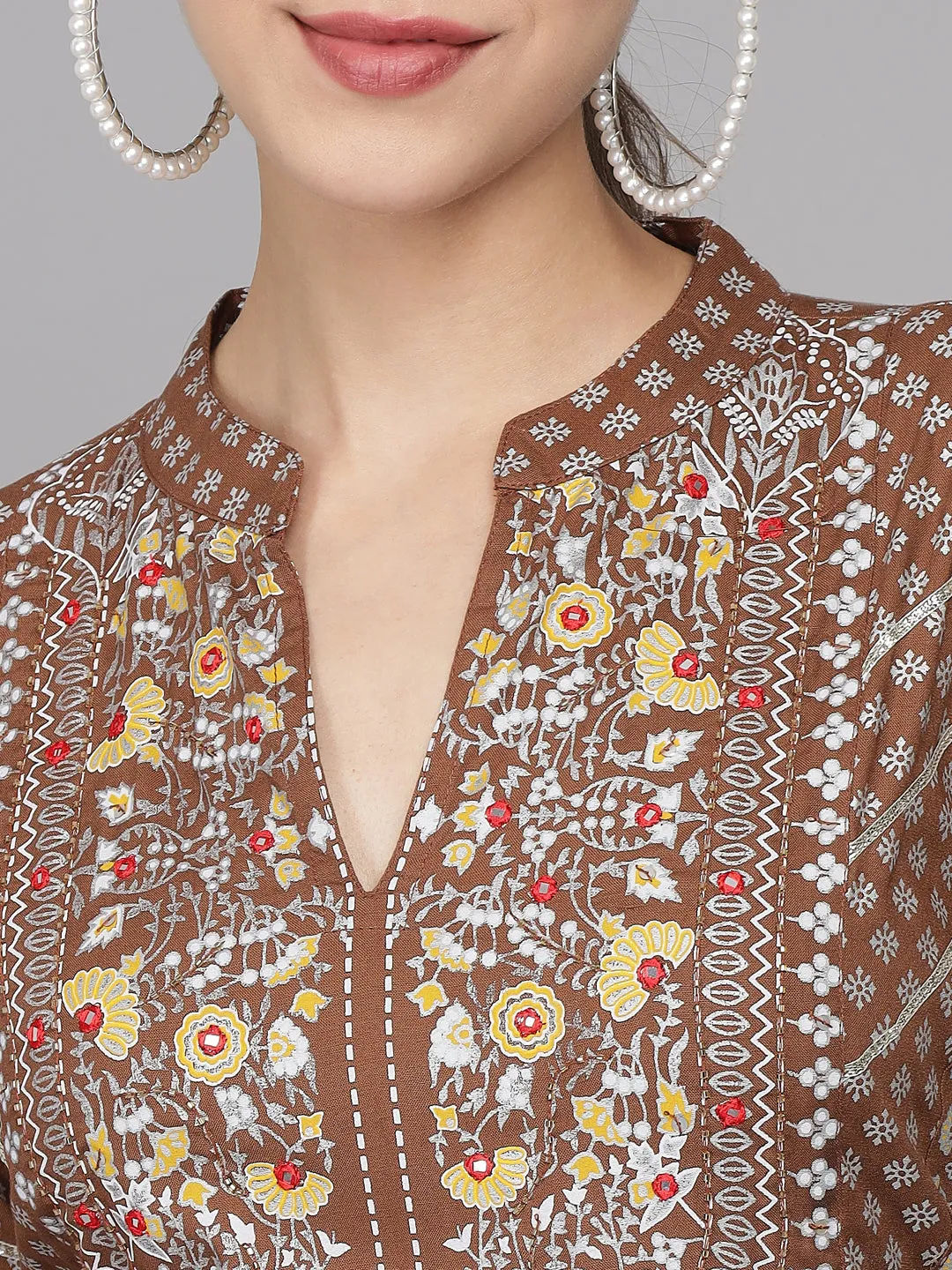 Brown Printed Pleated Kurta Set & Dupatta