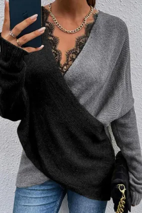 Casual Patchwork Lace Contrast V Neck Sweaters(3 Colors)