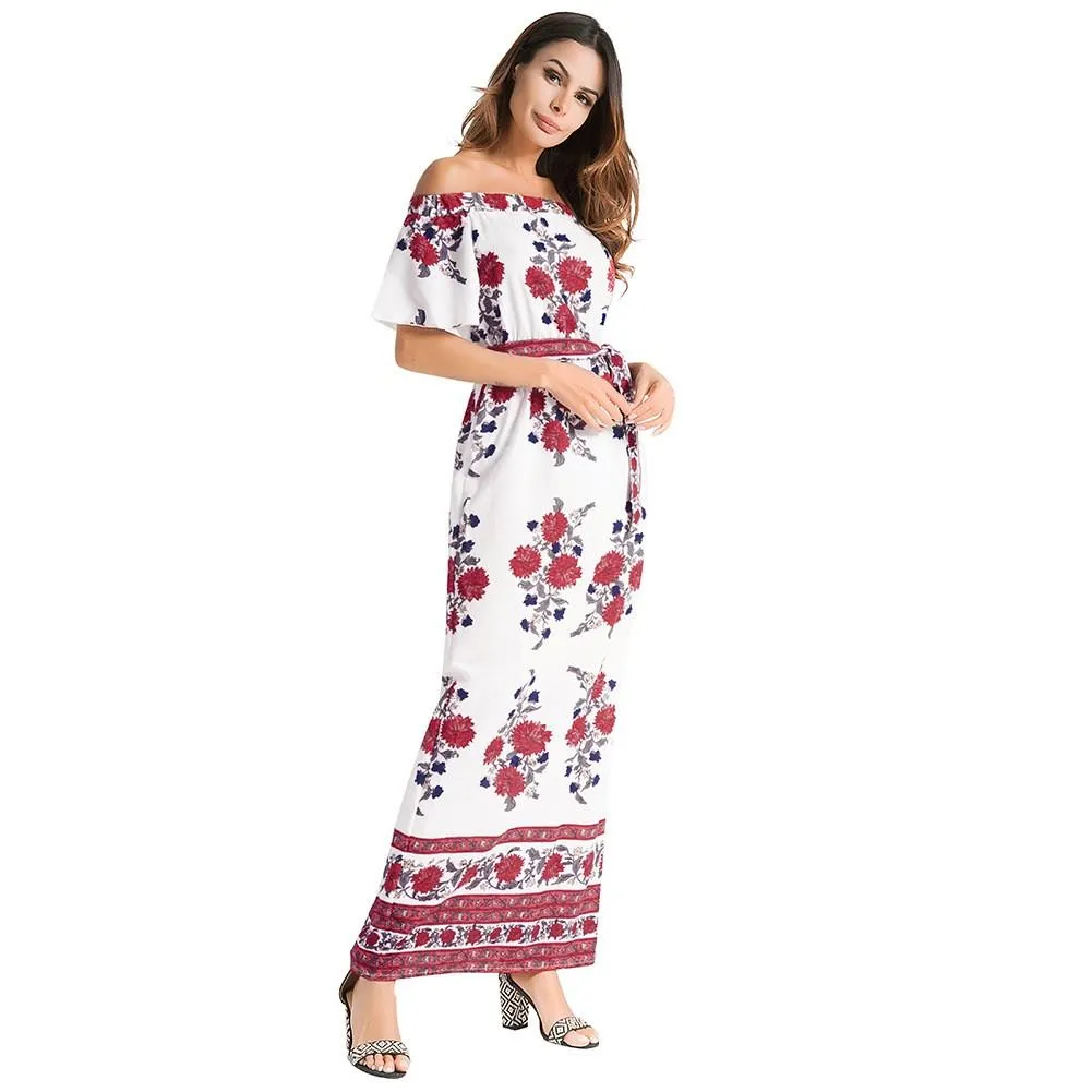 Cold Shoulder Print Off Shoulder Bandage Maxi Dresses