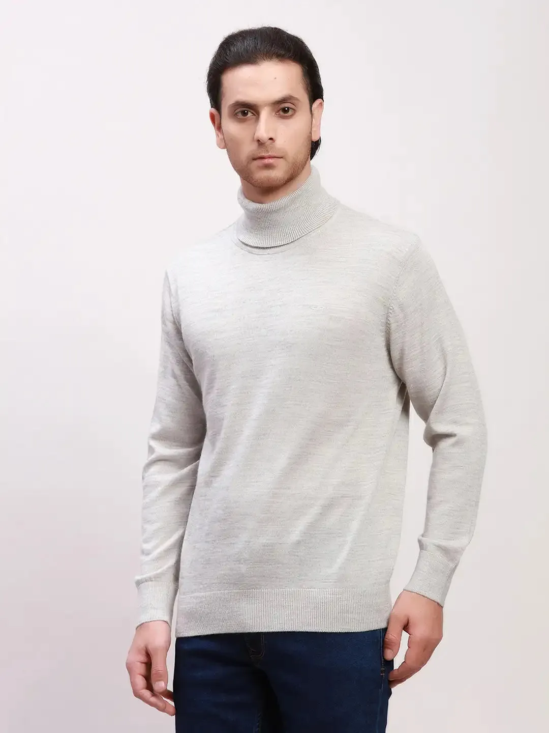 Colorplus Men Grey Solid Tailored Fit Wool Blend Full Sleeve V Neck Sweaters