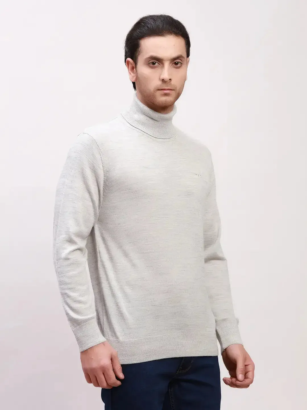 Colorplus Men Grey Solid Tailored Fit Wool Blend Full Sleeve V Neck Sweaters