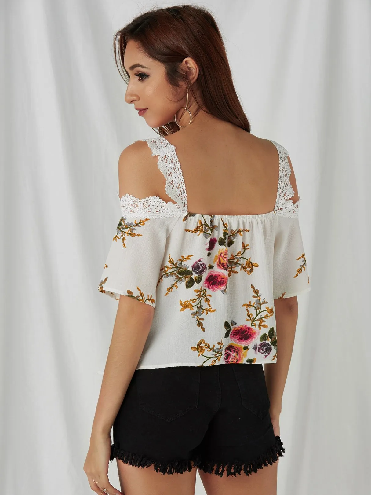 Custom Cold Shoulder Floral Print Lace Short Sleeve White Top