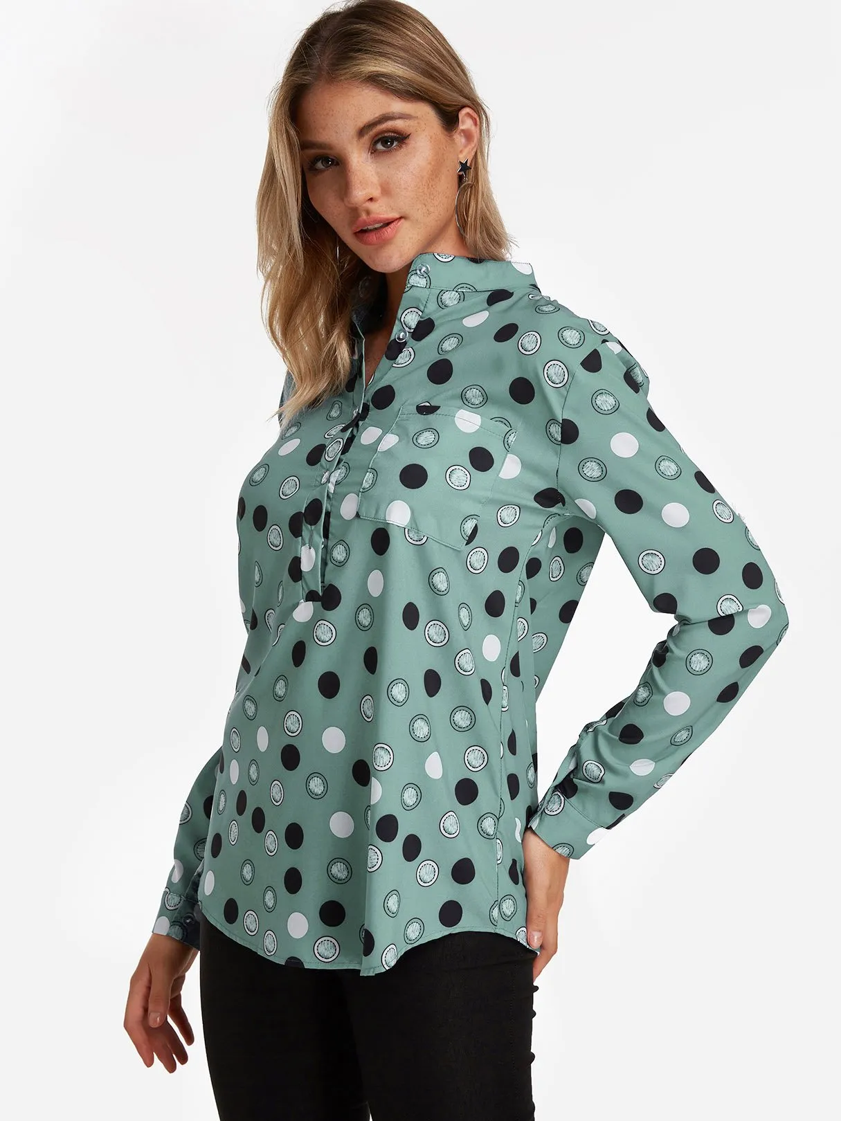 Custom Lapel Collar Polka Dot Long Sleeve Blouses