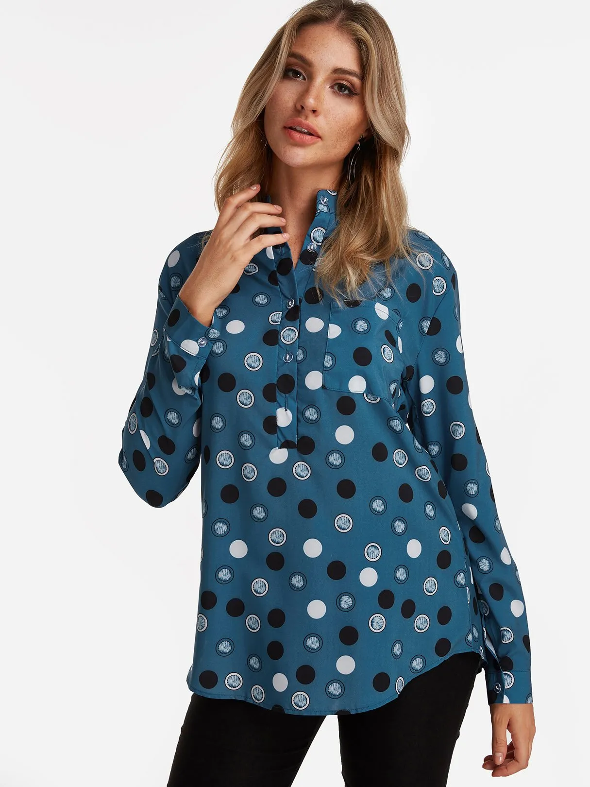 Custom Lapel Collar Polka Dot Long Sleeve Blouses