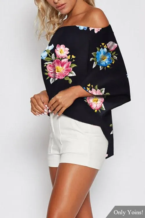 Custom Off The Shoulder Floral Print 3/4 Sleeve Bodycon Hem Black Blouses