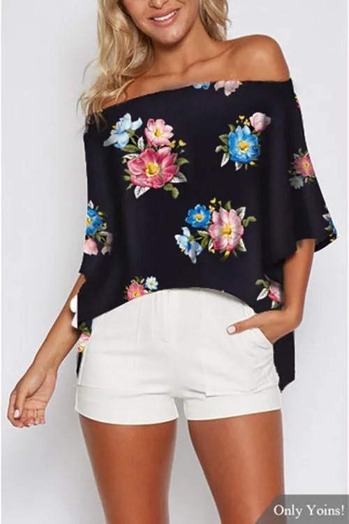 Custom Off The Shoulder Floral Print 3/4 Sleeve Bodycon Hem Black Blouses