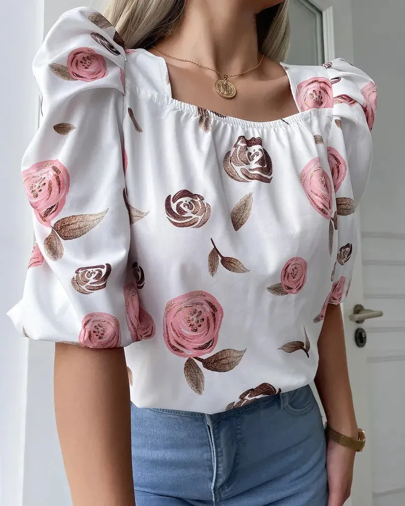 Deanwangkt - Floral Print Puff Sleeve Tie Back Blouse