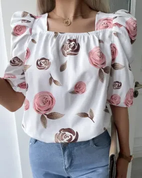 Deanwangkt - Floral Print Puff Sleeve Tie Back Blouse