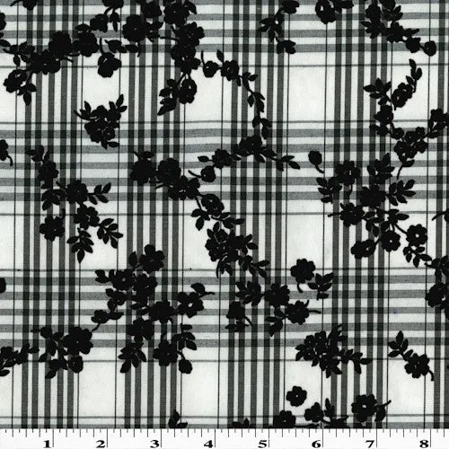 Deep Gray/Multi Velvet Flocked Floral Print Plaid Shirting Fabric