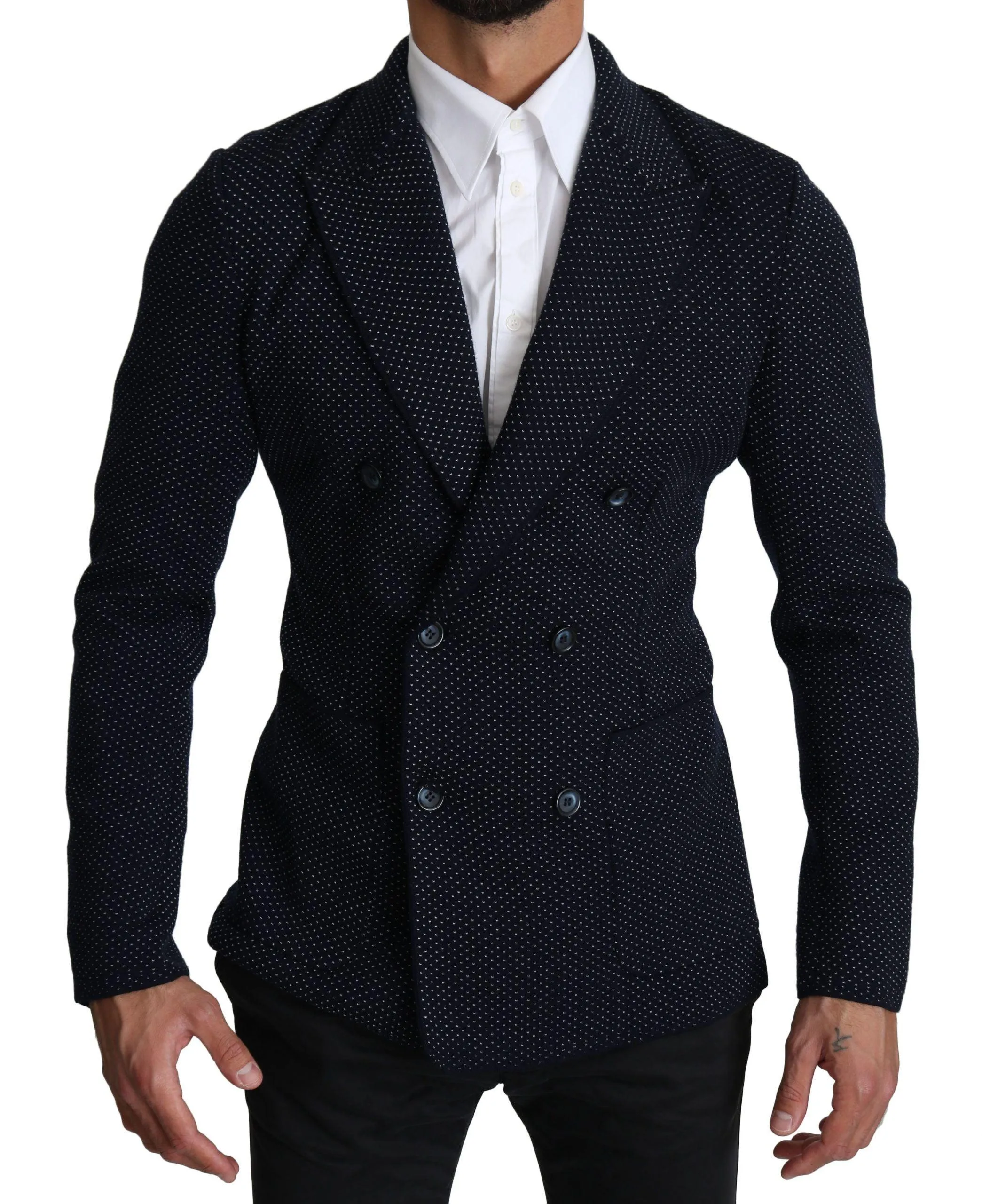 Dolce & Gabbana Dark Blue Dotted Double Breasted Coat Blazer