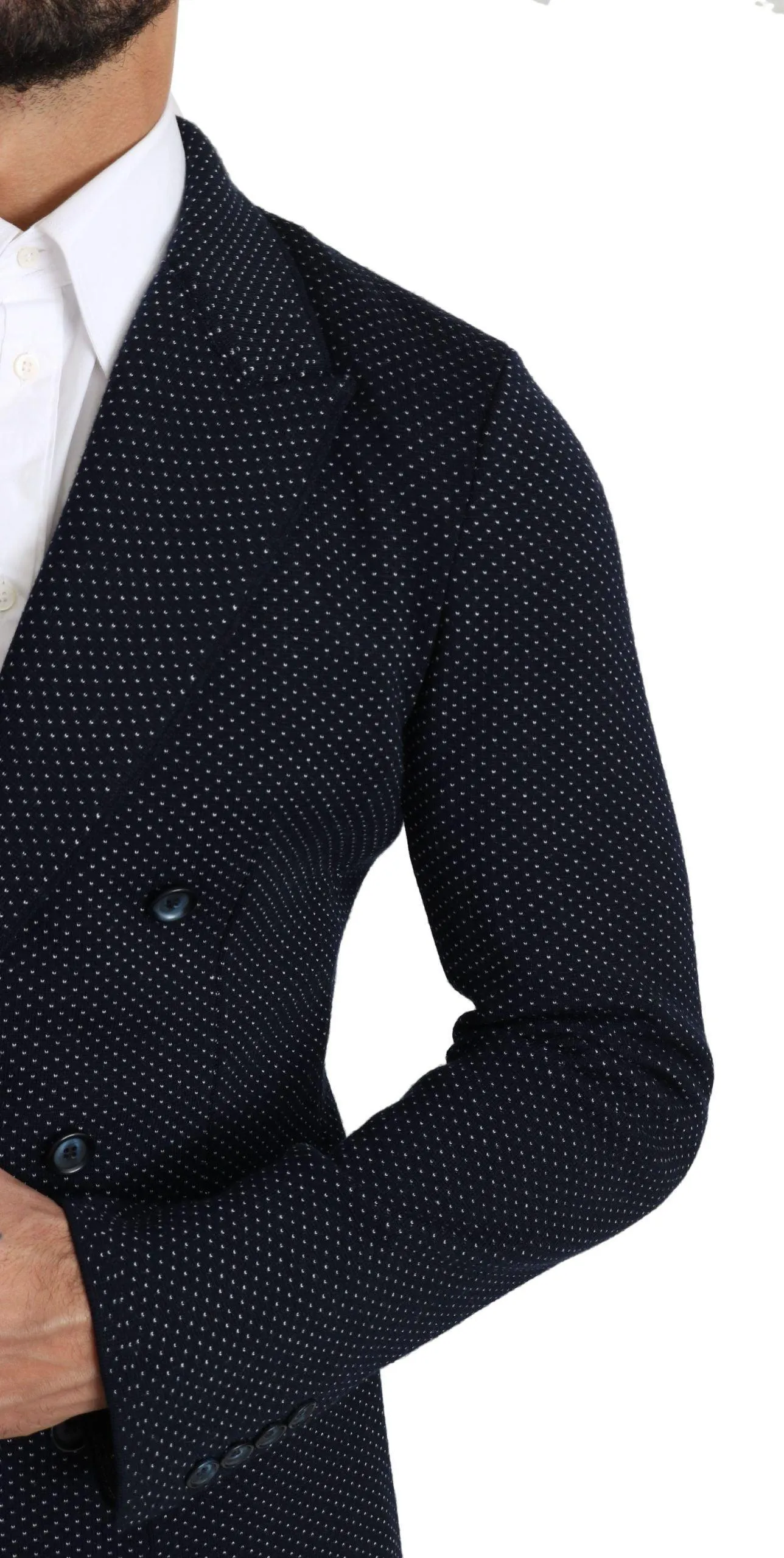 Dolce & Gabbana Dark Blue Dotted Double Breasted Coat Blazer