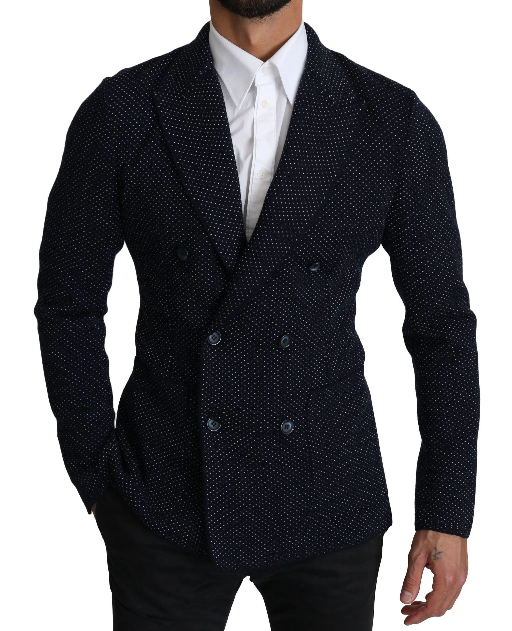 Dolce & Gabbana Dark Blue Dotted Double Breasted Coat Blazer