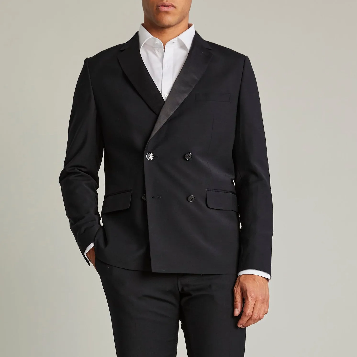 Double Breasted Notch Lapel Tuxedo Blazer - Black