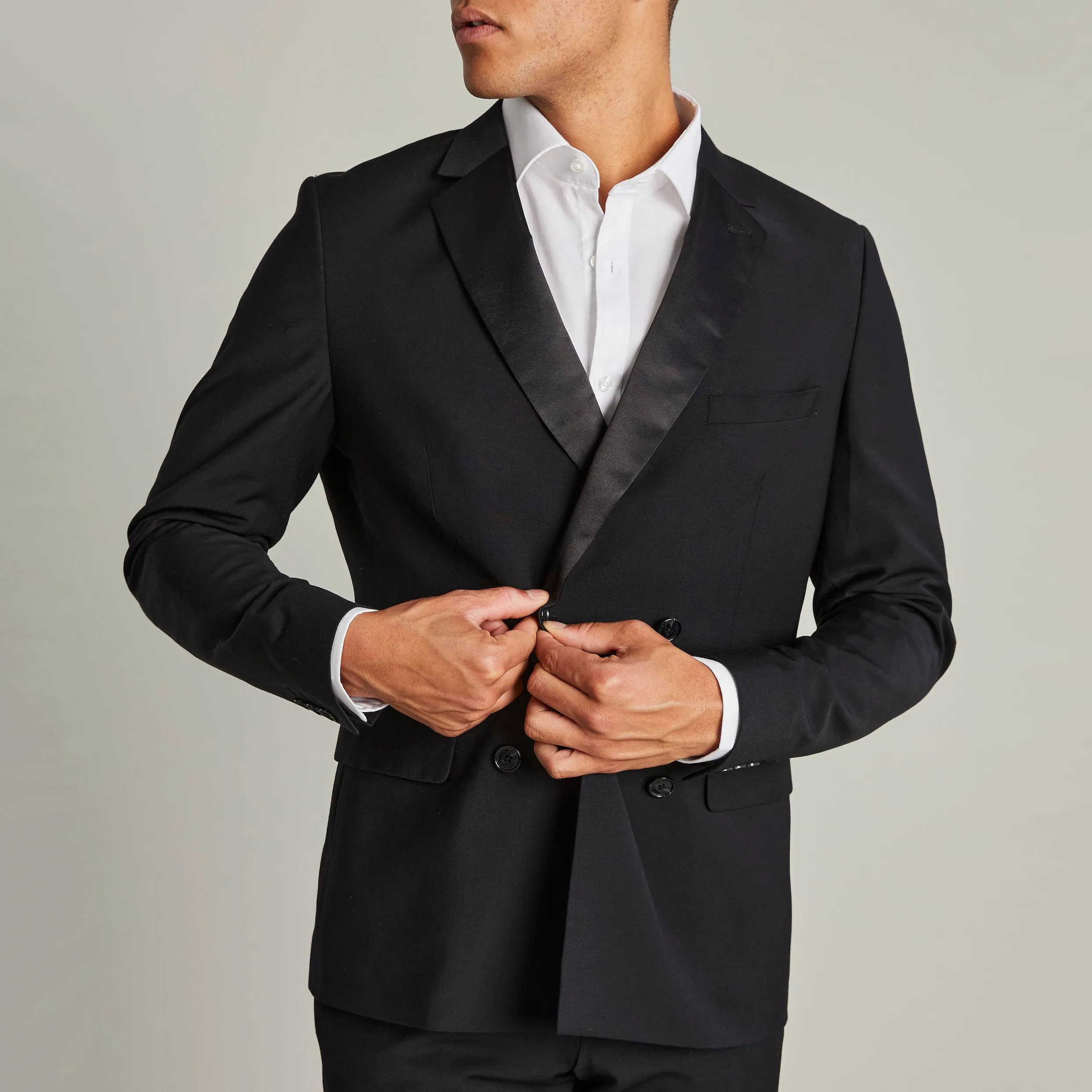 Double Breasted Notch Lapel Tuxedo Blazer - Black