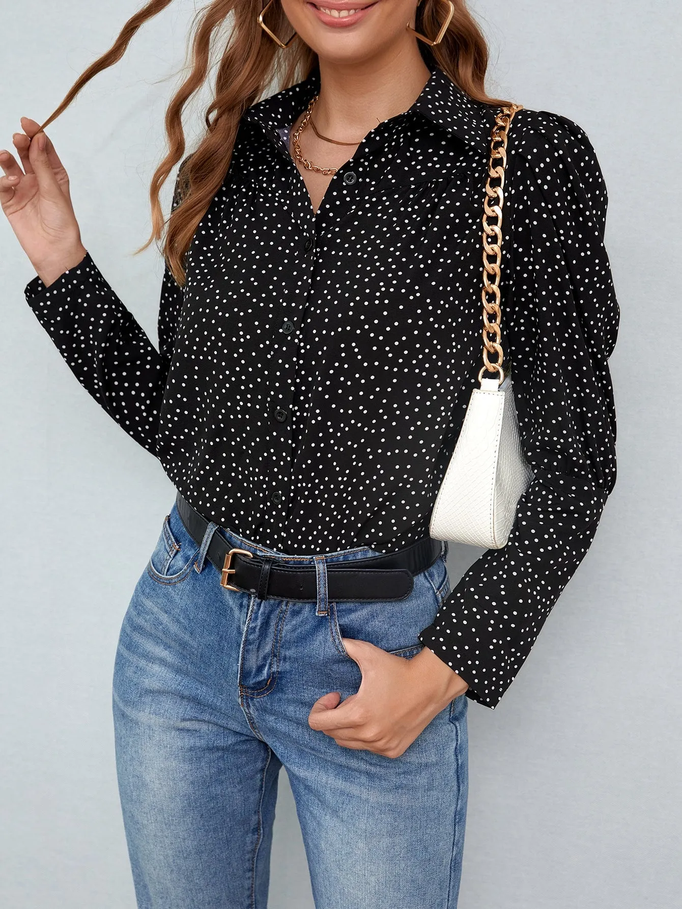 Elegant Polka Dot Button Front Long Sleeve Collar Regular Blouse