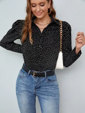 Elegant Polka Dot Button Front Long Sleeve Collar Regular Blouse