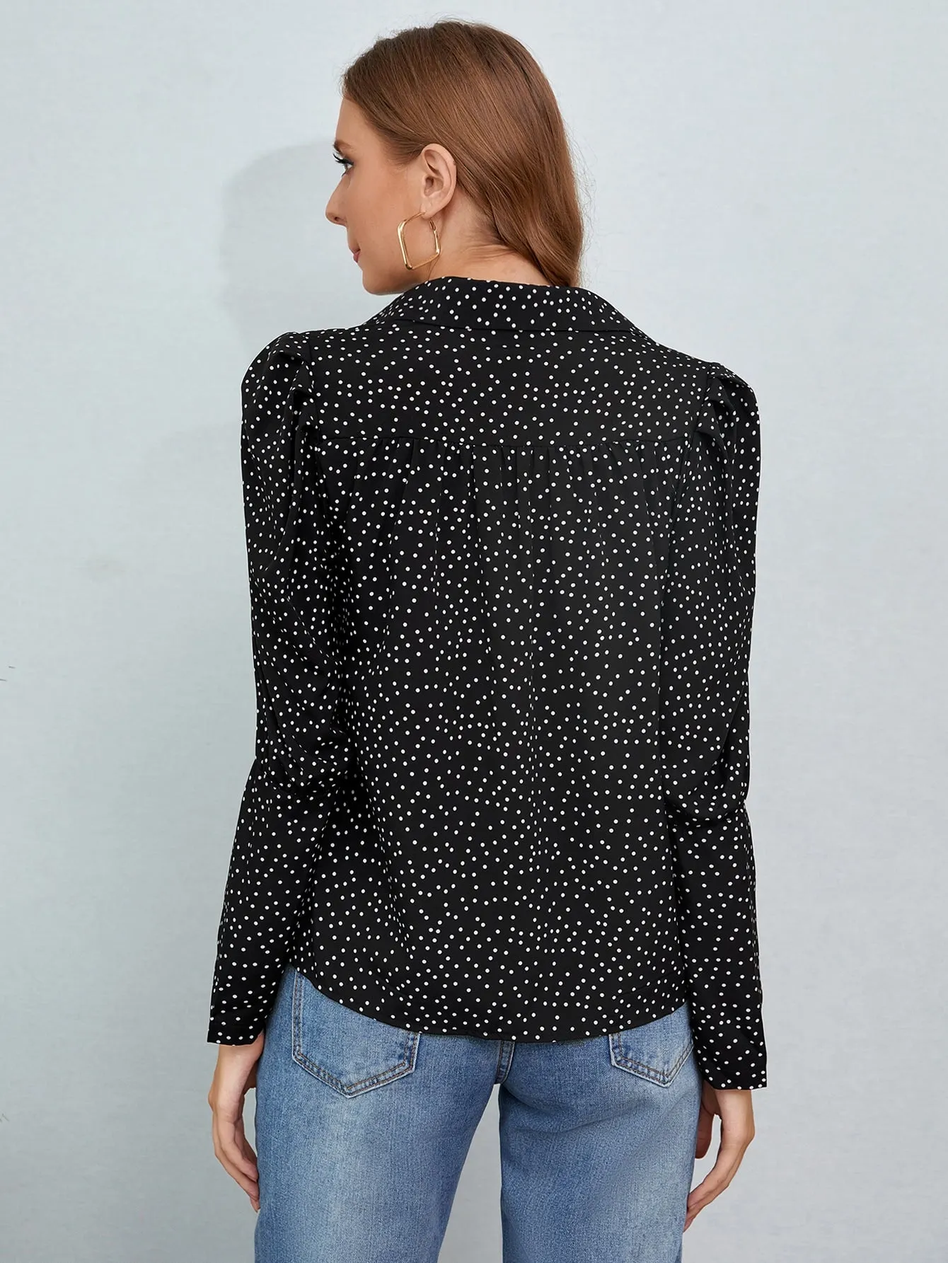 Elegant Polka Dot Button Front Long Sleeve Collar Regular Blouse