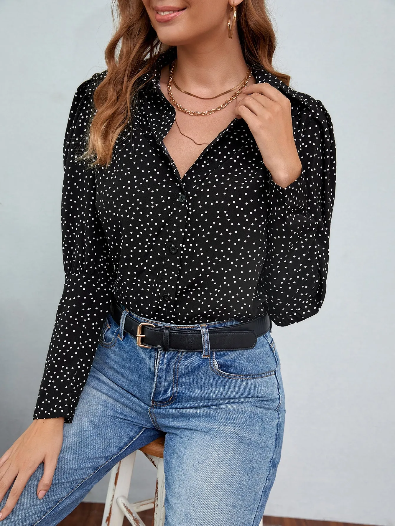 Elegant Polka Dot Button Front Long Sleeve Collar Regular Blouse