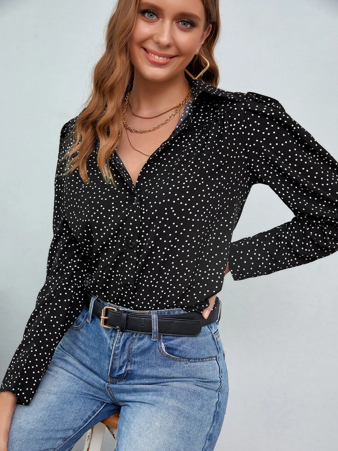 Elegant Polka Dot Button Front Long Sleeve Collar Regular Blouse