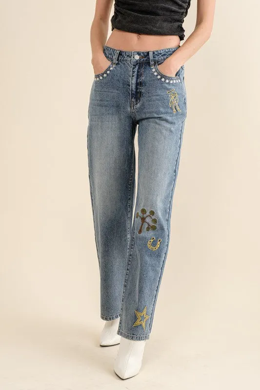 Embroidered Western Jeans