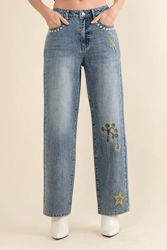 Embroidered Western Jeans