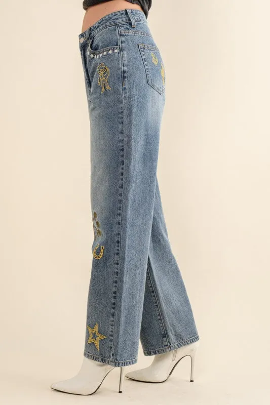 Embroidered Western Jeans